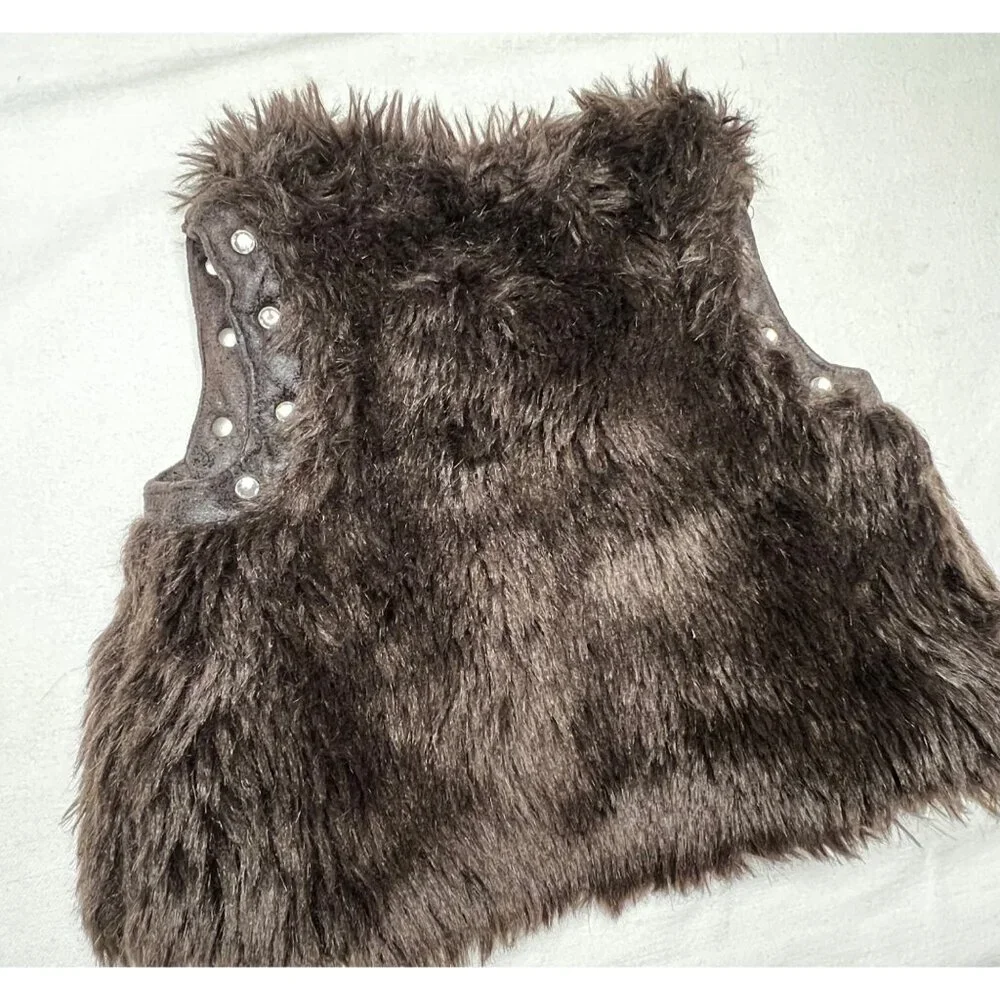 Kids Fake Fur Brown Vest 18 Months Tie Sequins